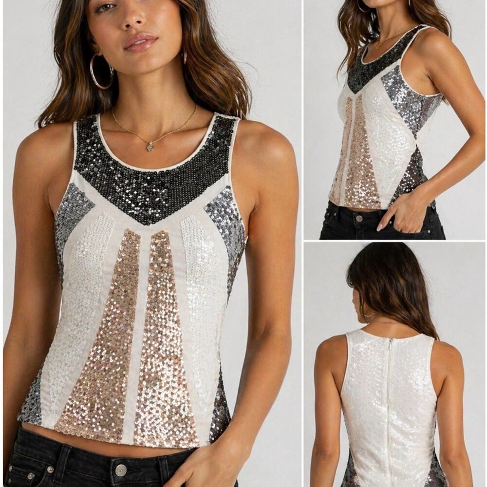 bebe Y2K Sequin Tank Top Women's XS Glam Party Clubwear Metallic Geometric